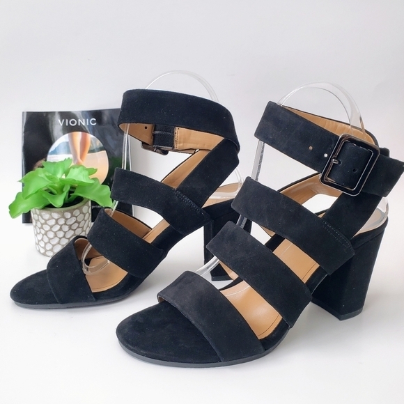 Vionic Black Suede Strappy Stacked Block Heel Blaire Sandals Heels New 6 6.5 - Picture 4 of 15